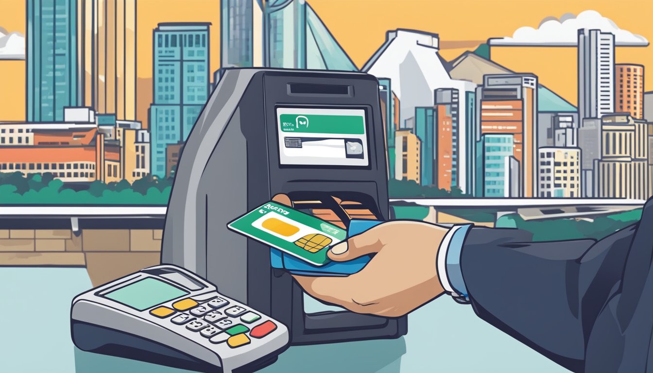 A credit card is being swiped at a payment terminal in Singapore, with iconic landmarks in the background