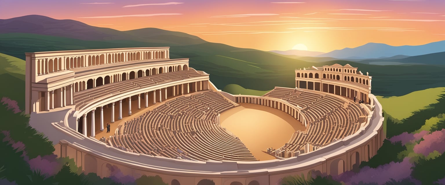 A bustling Roman theater with stone arches, tiered seating, and a grand stage set against a backdrop of rolling hills and a vibrant sunset