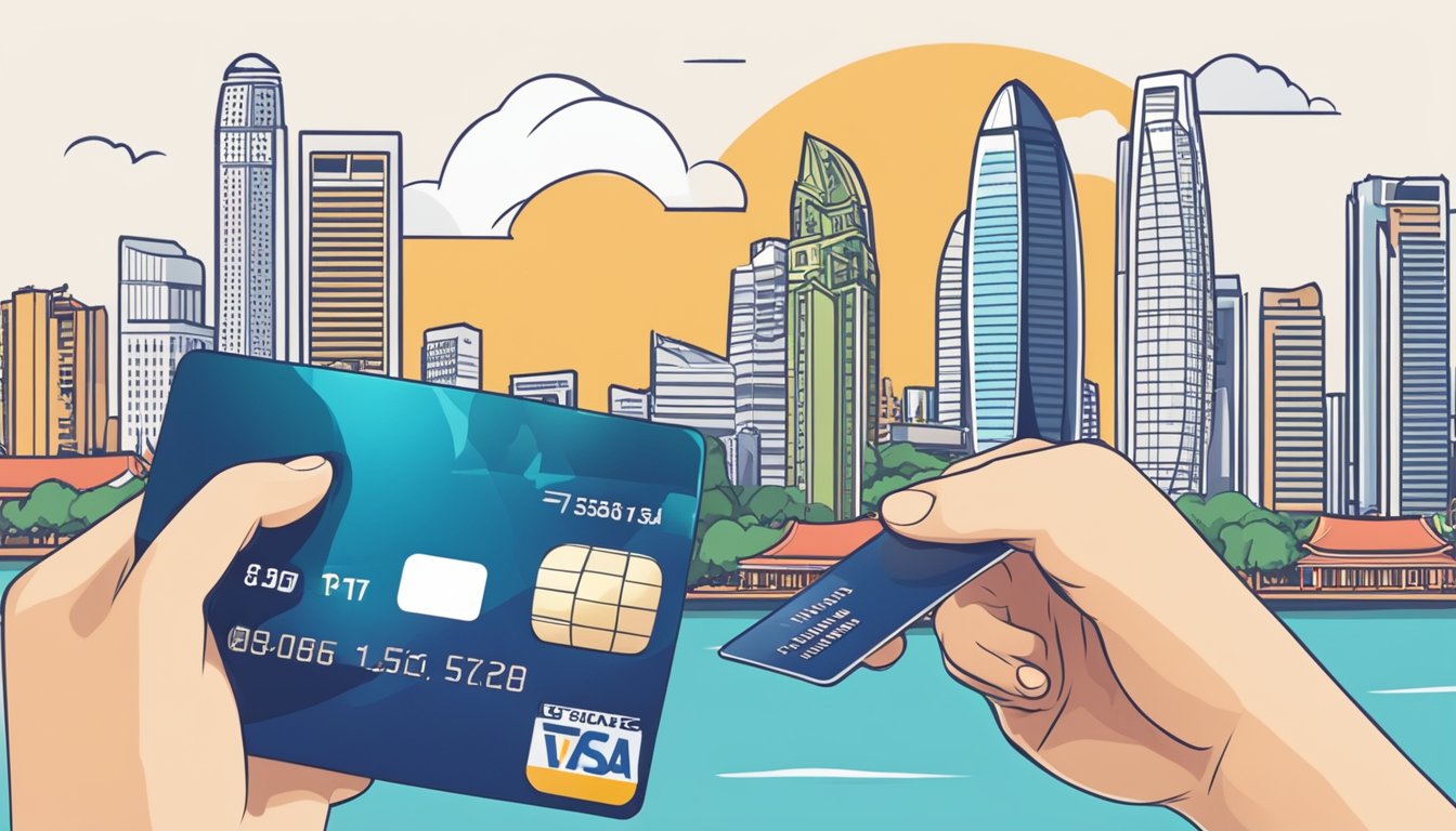 A hand swipes a credit card against a backdrop of iconic Singapore landmarks, symbolizing the benefits of overseas spending