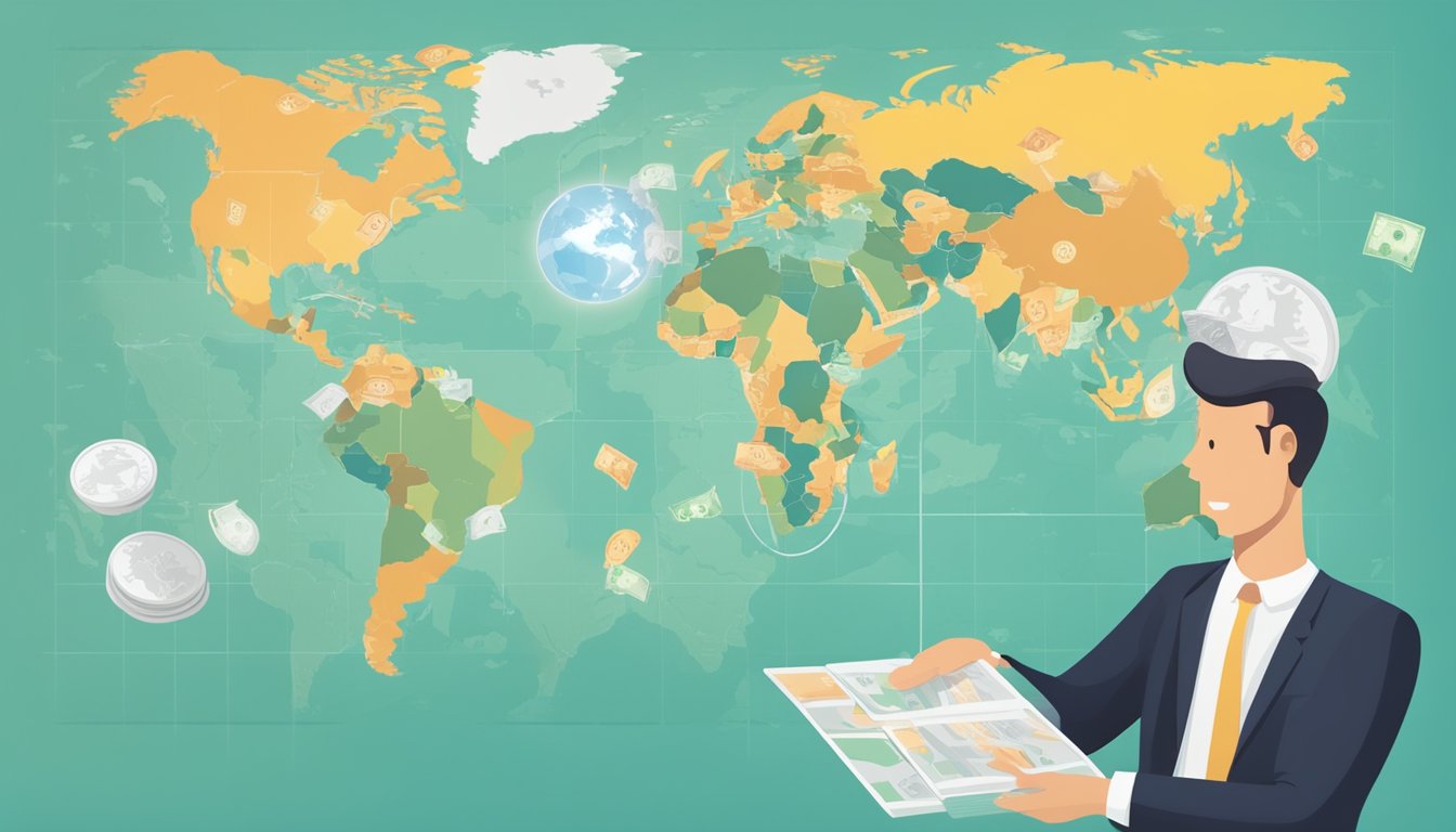 A person comparing credit card offers with a world map and various currency symbols in the background