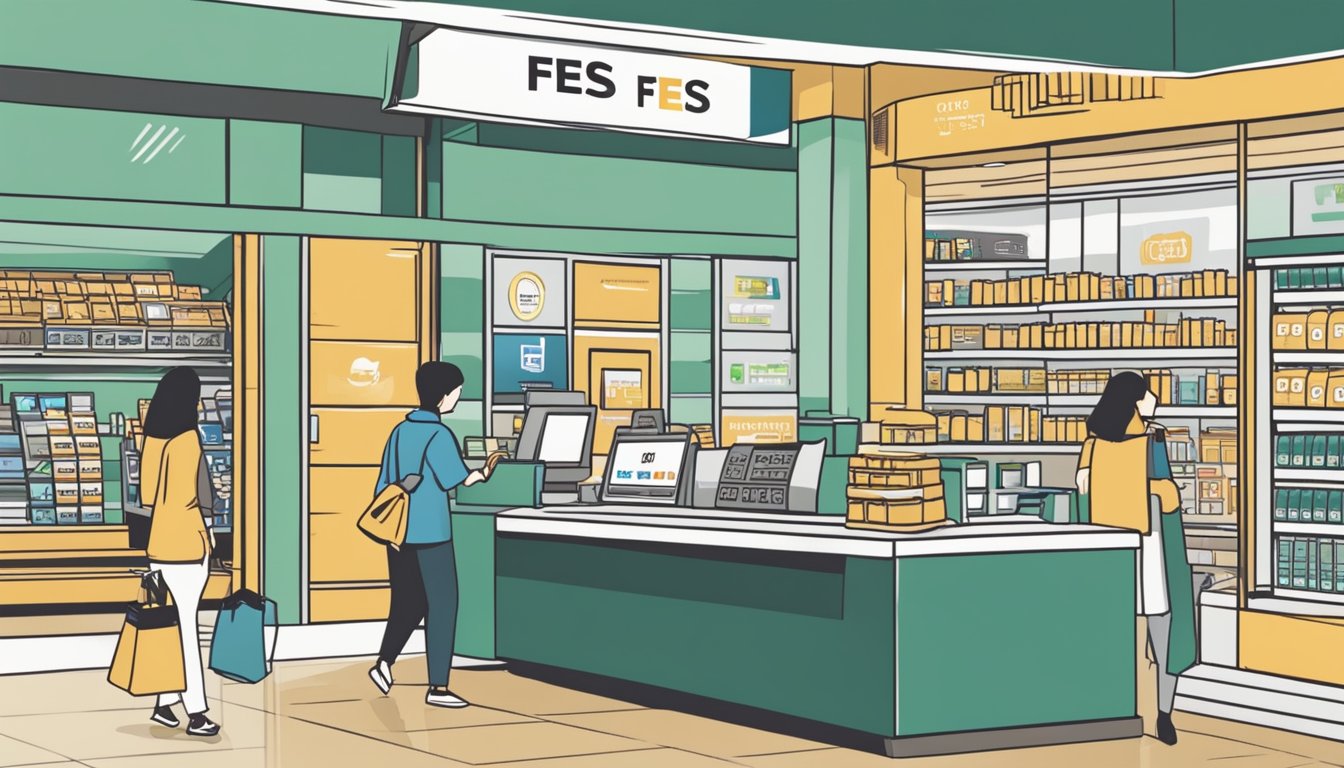 A person swiping a credit card at a store in Singapore, with a sign displaying "Avoiding Fees" and "Managing Costs" in the background