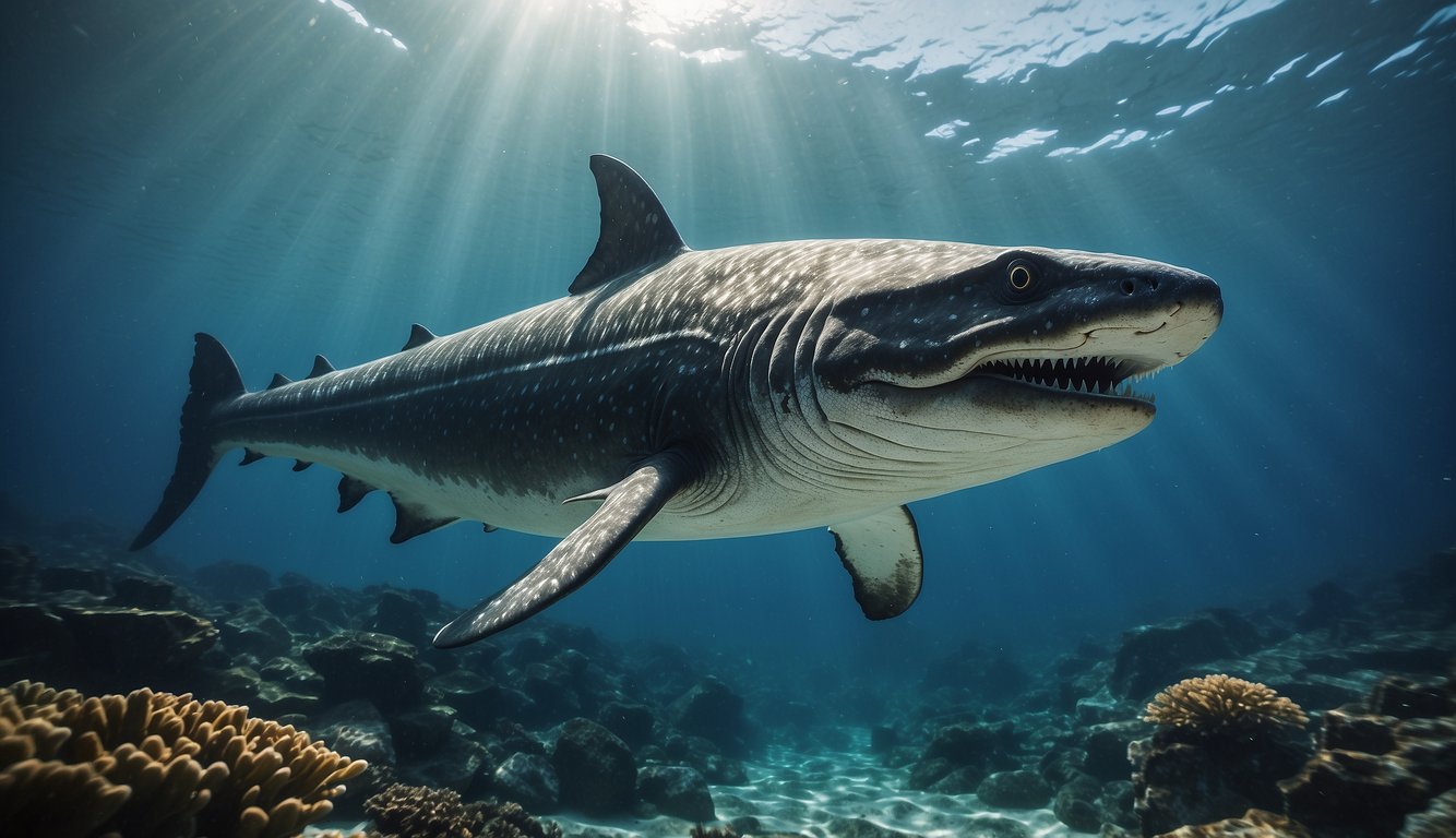 A massive Ichthyosaurus swims gracefully through the crystal-clear waters of the Jurassic ocean, its sleek body gliding effortlessly as it hunts for prey among the ancient reefs and marine life