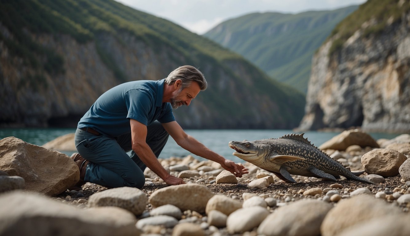 An excited scientist uncovers Ichthyosaurus fossils on a rocky shore, surrounded by ancient marine creatures and towering cliffs