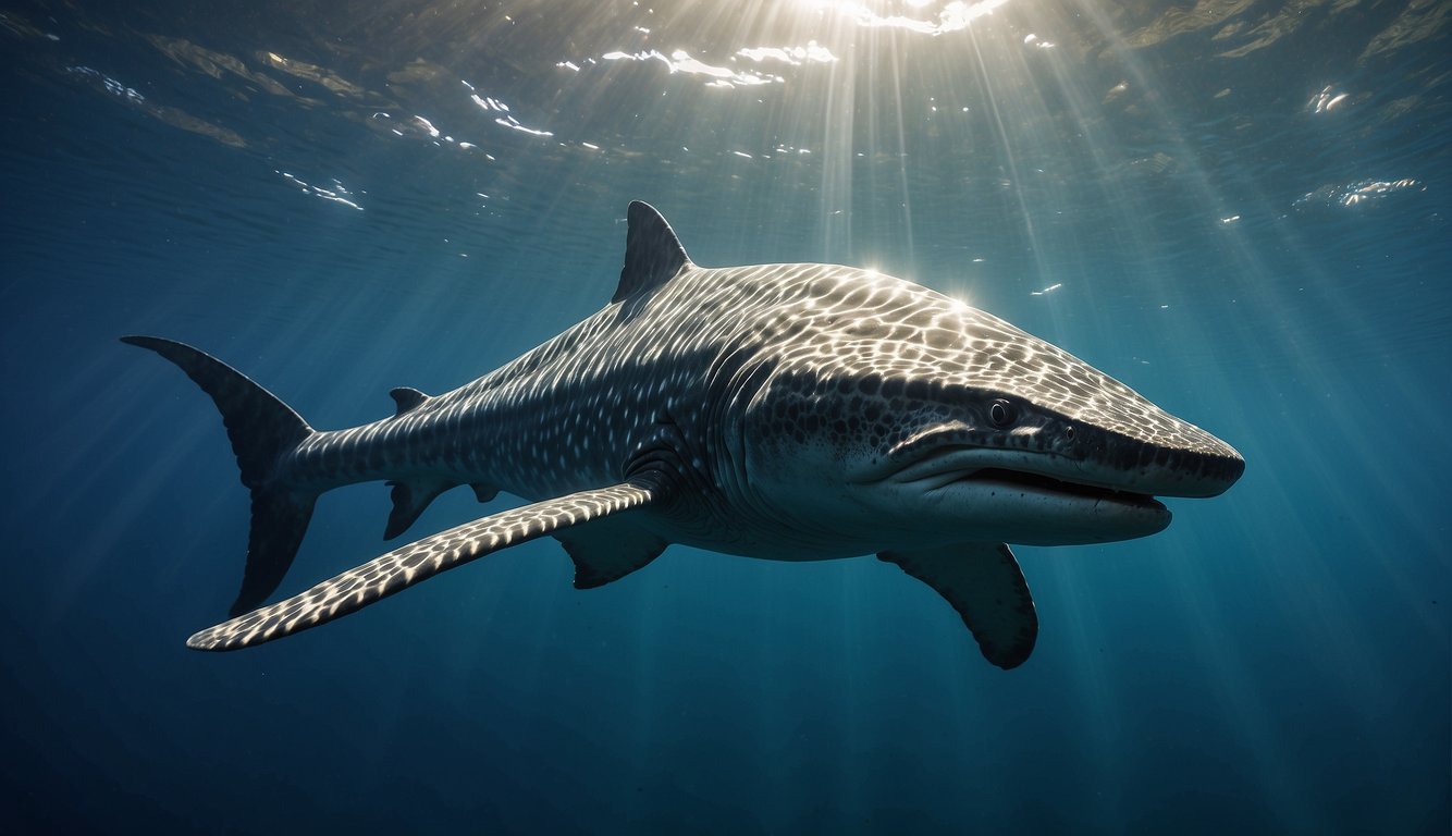 An Ichthyosaurus swims gracefully through the crystal-clear waters of the Jurassic seas, its sleek body gliding effortlessly as it hunts for prey.

The sun's rays filter down from the surface, casting a shimmering light on the ancient marine reptile
