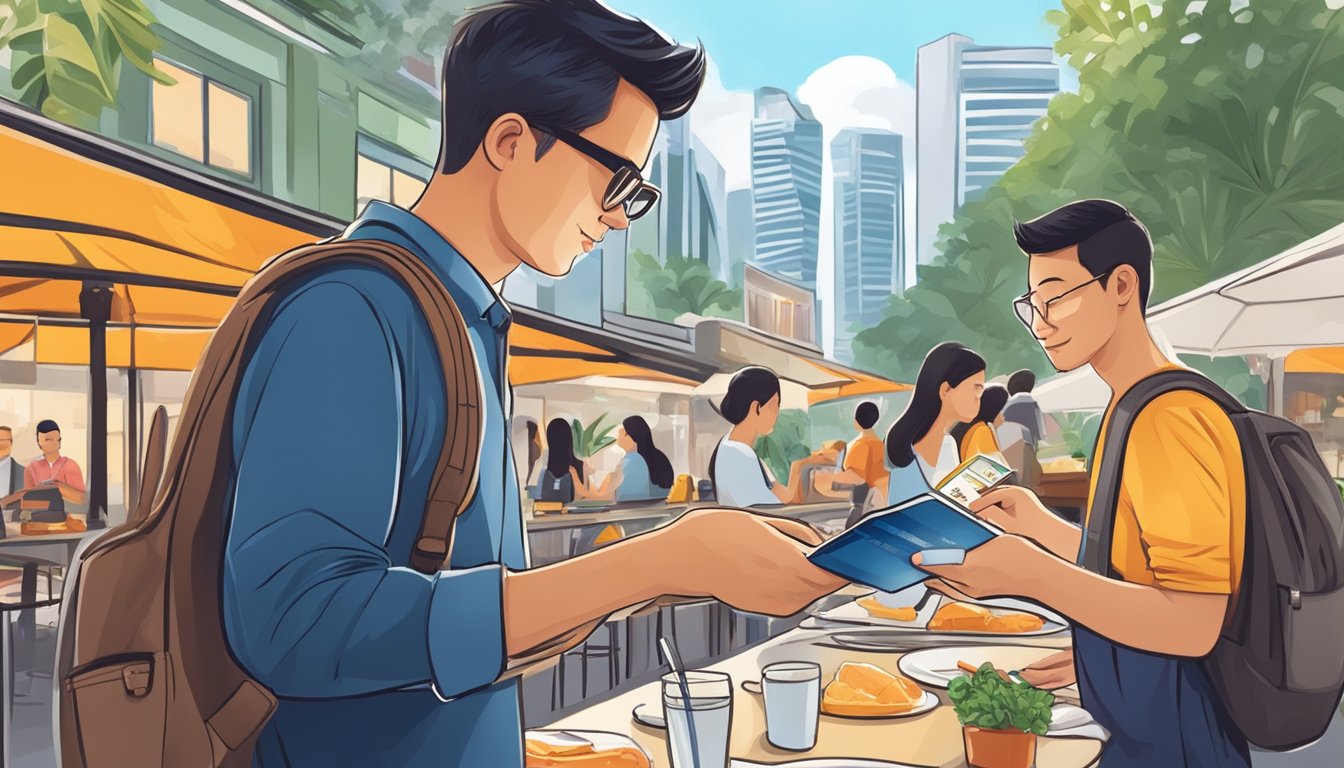 A traveler in Singapore uses a credit card to make smart spending choices while exploring the city's attractions and dining at local eateries