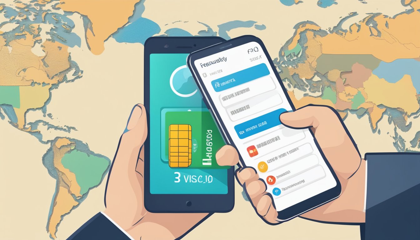 A hand holding a credit card with "Frequently Asked Questions" displayed on a smartphone screen, with a world map in the background