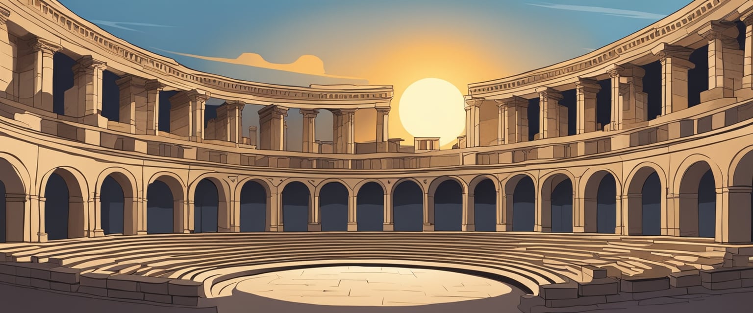 The sun sets behind the ancient Roman theater, casting long shadows over the weathered stone seats and stage. A sense of history and grandeur fills the air