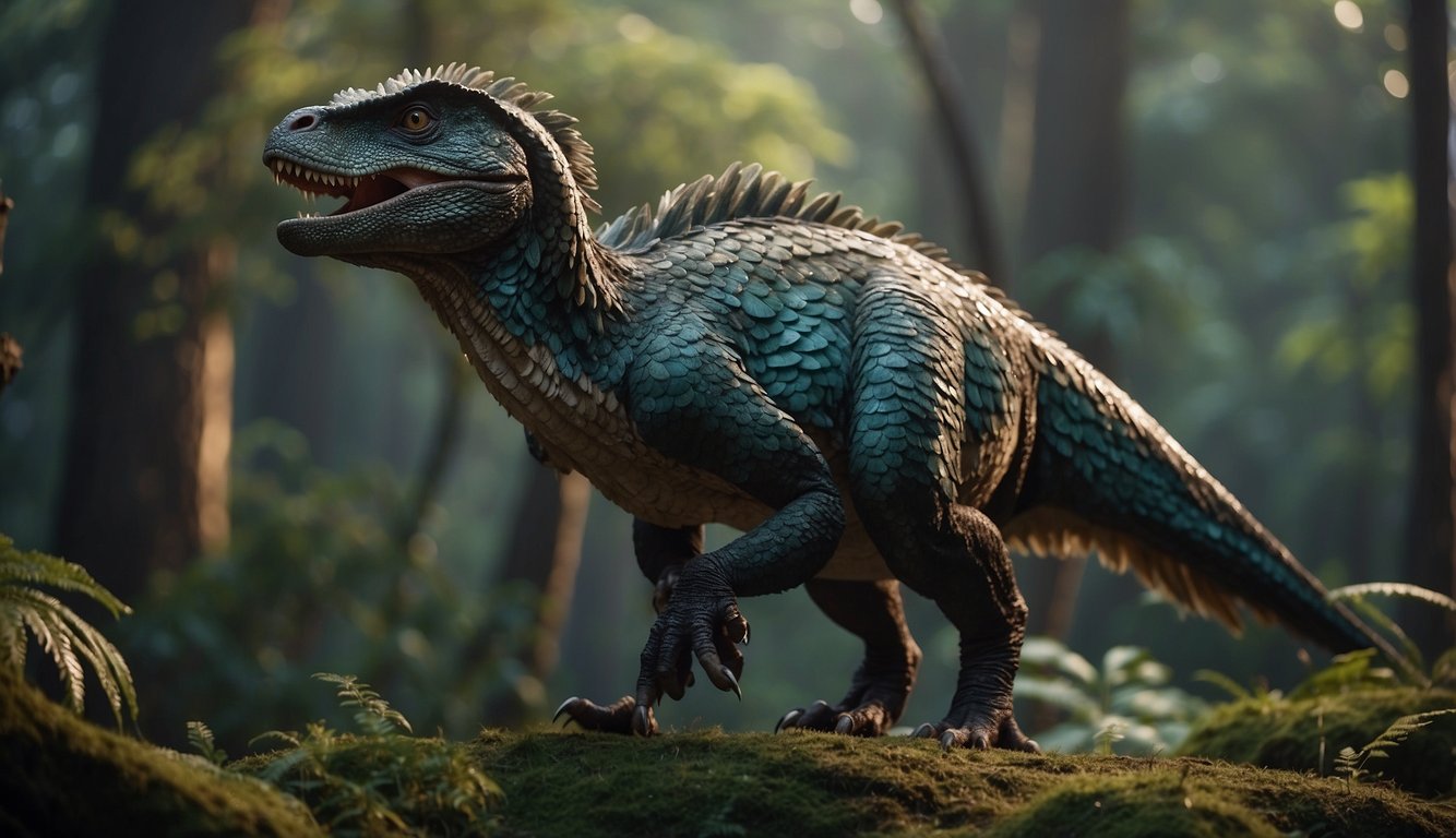 Yutyrannus roams the lush, prehistoric forests of ancient China, its towering figure covered in sleek, iridescent feathers, exuding an air of majestic dominance