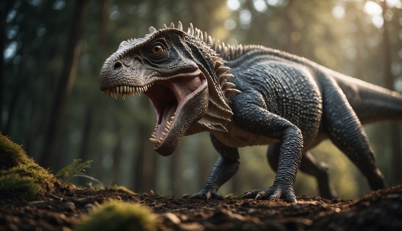 A massive Yutyrannus stands proudly, its body covered in intricate feathers of various sizes and colors.

Its sharp claws dig into the ground as it roars, displaying its fearsome presence