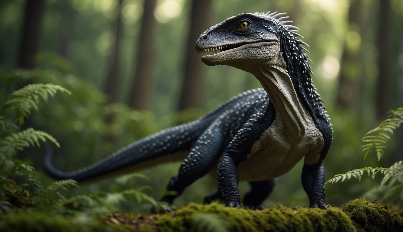 Yutyrannus roams its forest habitat, towering over the lush greenery with its feathered body and menacing gaze