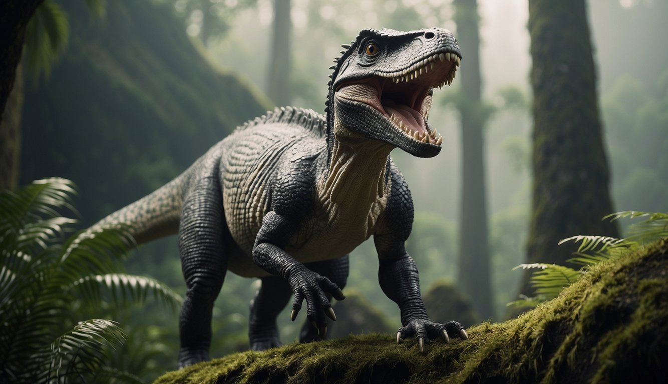 Yutyrannus stands tall in a lush, prehistoric forest.

Its feathered body looms over smaller dinosaurs, showcasing its dominance in ancient China