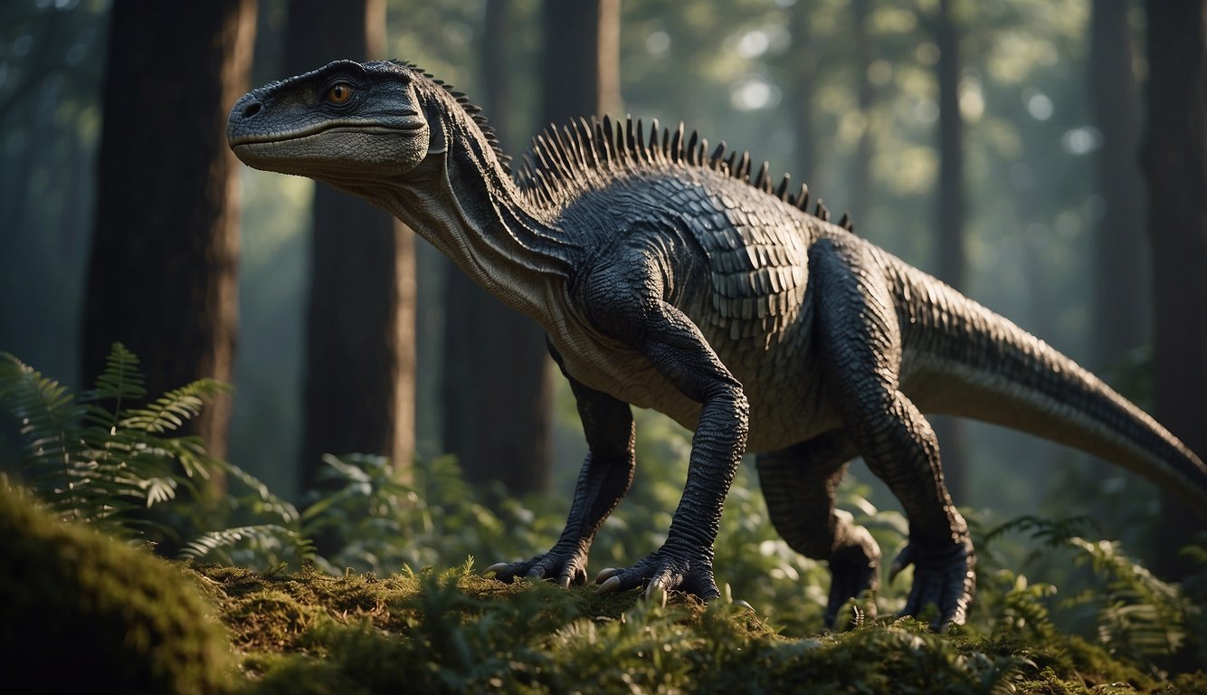 A Yutyrannus stands tall in a forest clearing, its feathered body looming over smaller dinosaurs.

Its sharp eyes survey the surroundings, exuding a sense of power and dominance