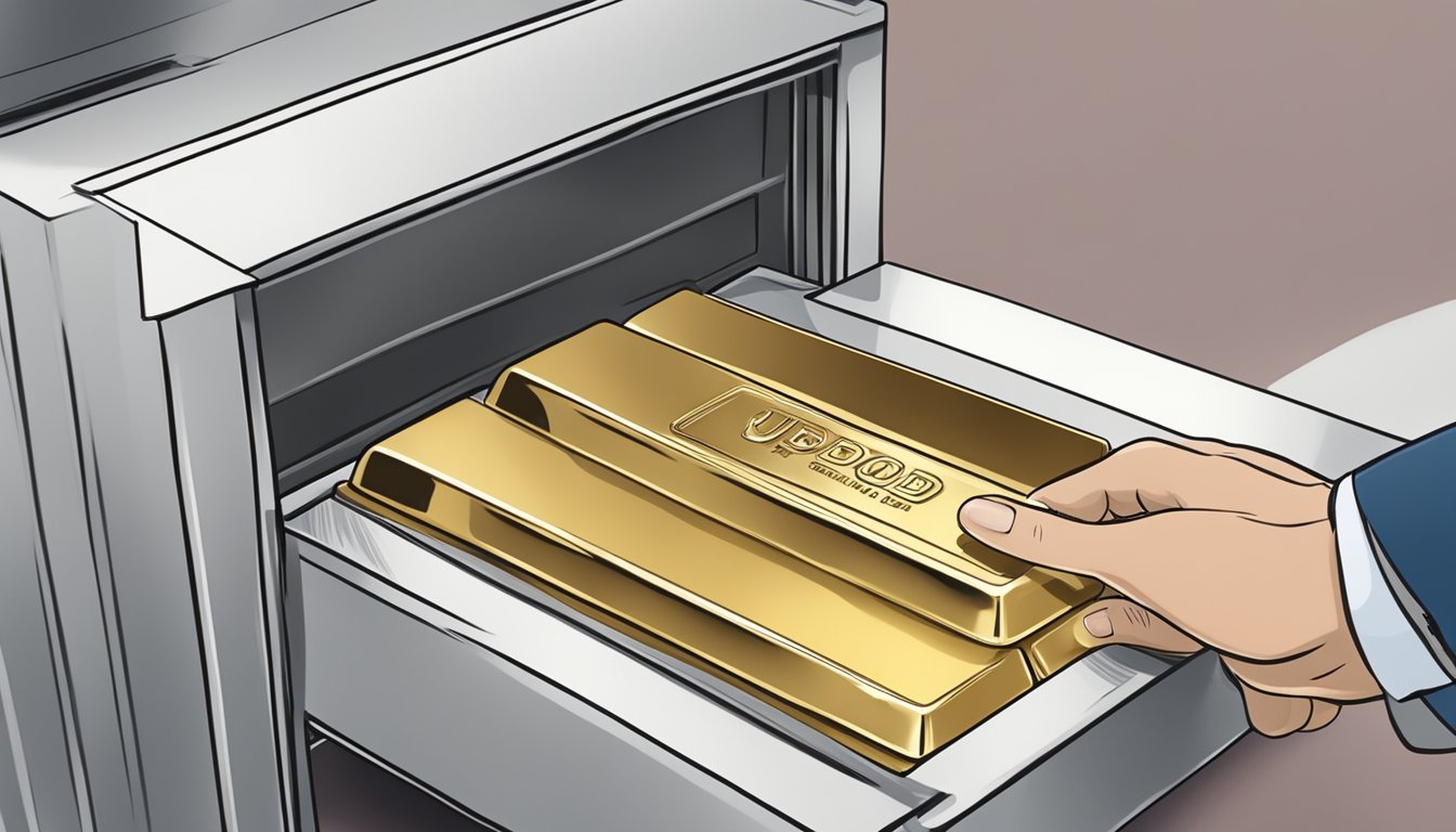 A hand places a UOB PAMP gold bar into a safe deposit box labeled "Investing in Gold with UOB" at a UOB branch in Singapore