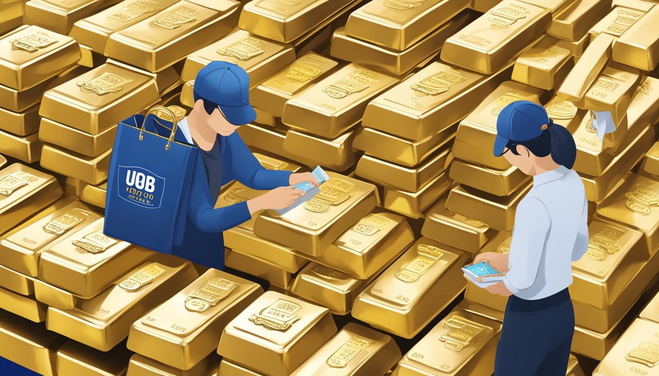 A customer purchases gold bars at UOB Singapore, with the bank's logo prominently displayed on the packaging
