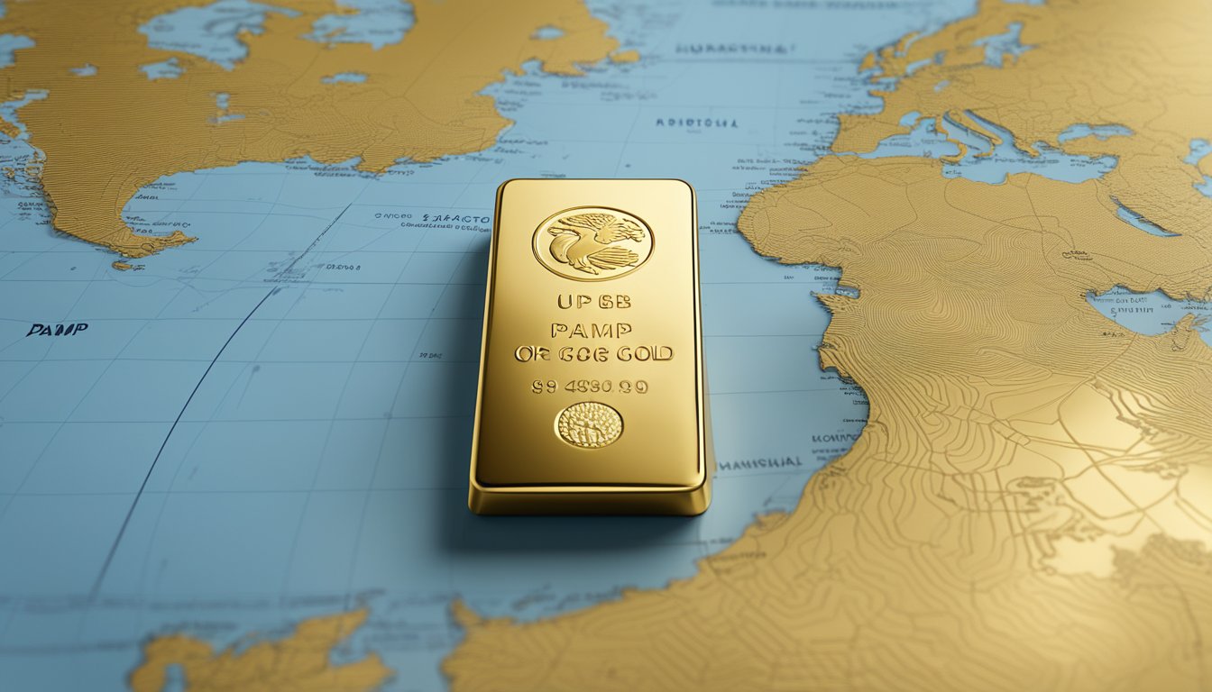 A PAMP gold bar sits on a sleek UOB Singapore desk, with a global map in the background, symbolizing the international reach of the precious metal