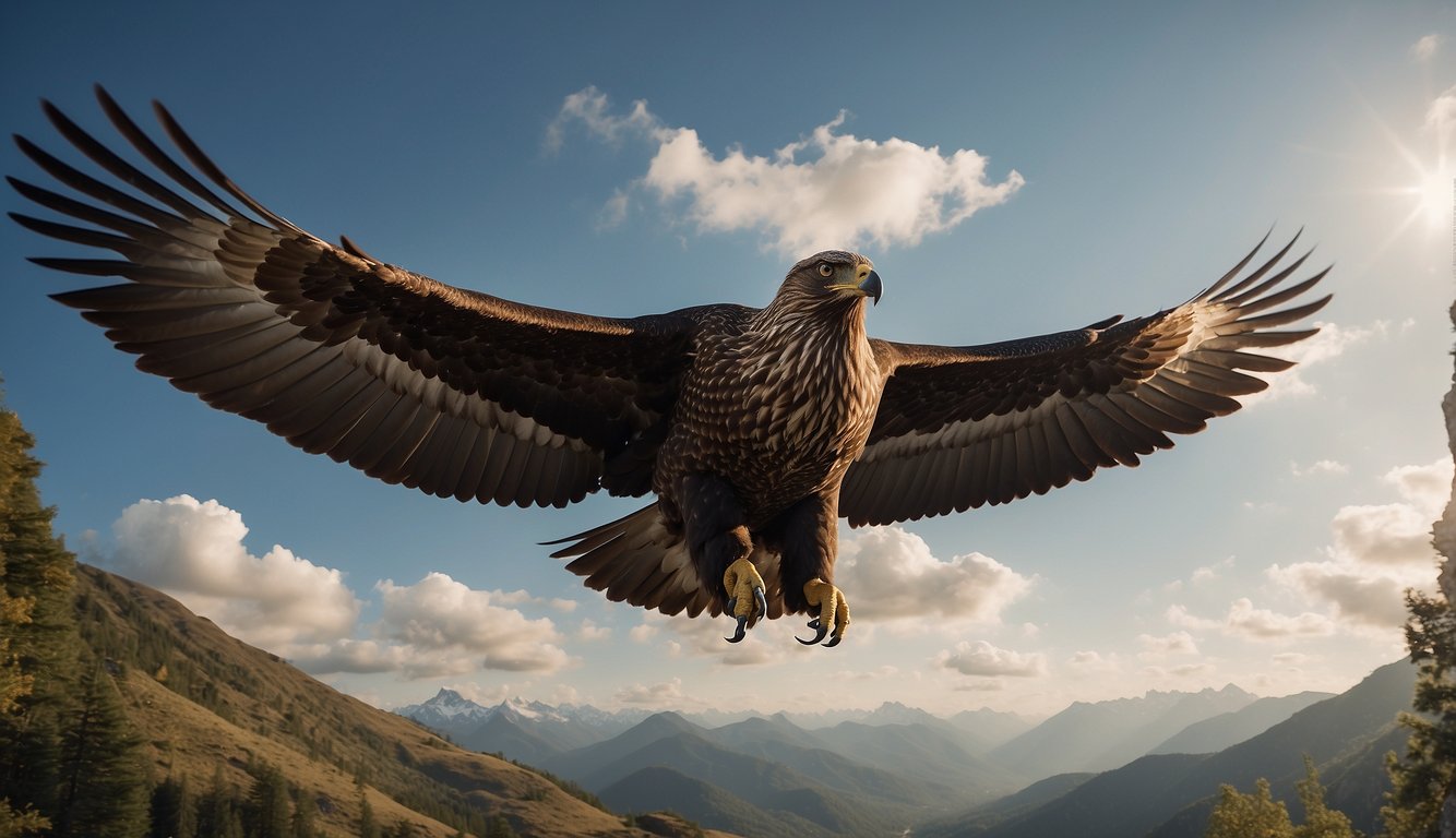 A massive Argentavis soars through the prehistoric skies, its wingspan dominating the horizon as it searches for prey