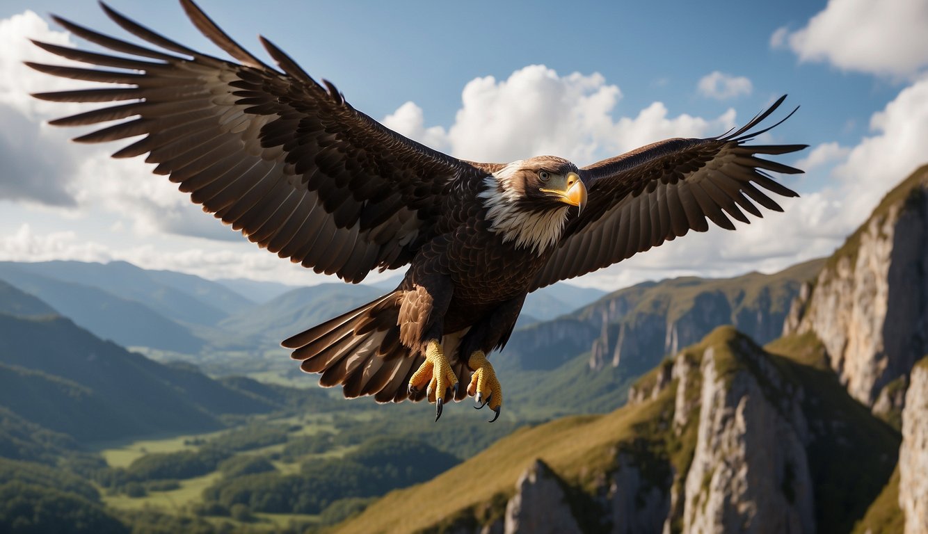 Argentavis soars above prehistoric landscape, wings outstretched, with a wingspan of over 20 feet