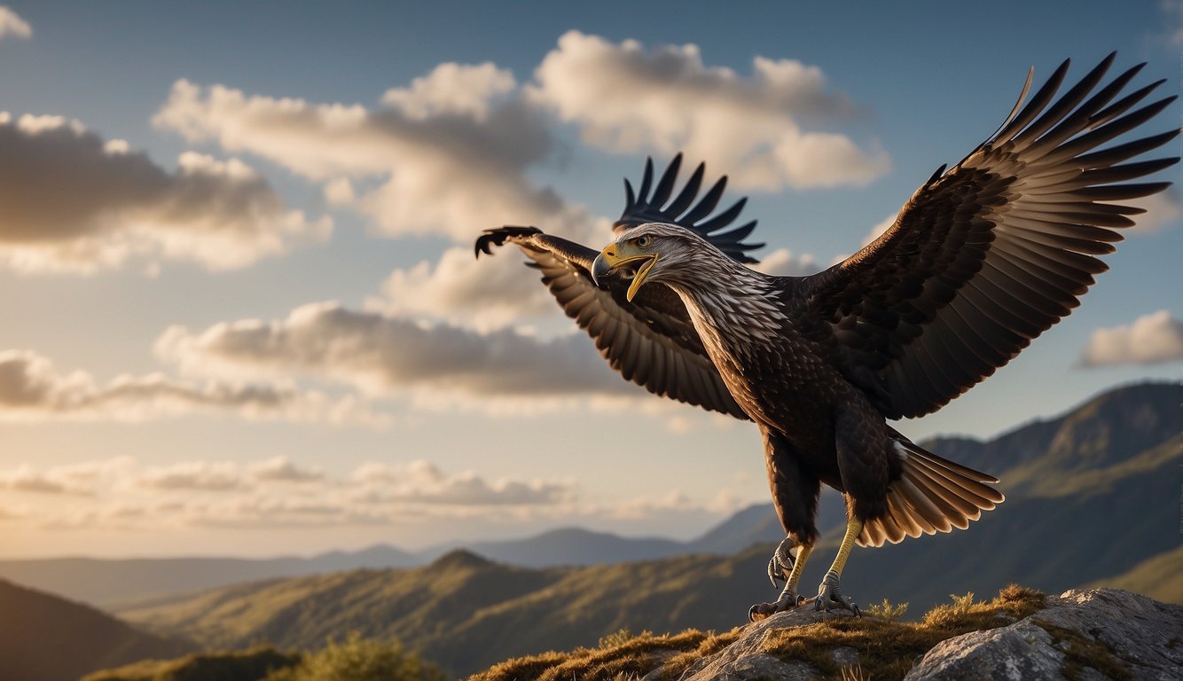 A massive Argentavis soars above prehistoric landscapes, dwarfing all other birds with its impressive wingspan and powerful, streamlined body
