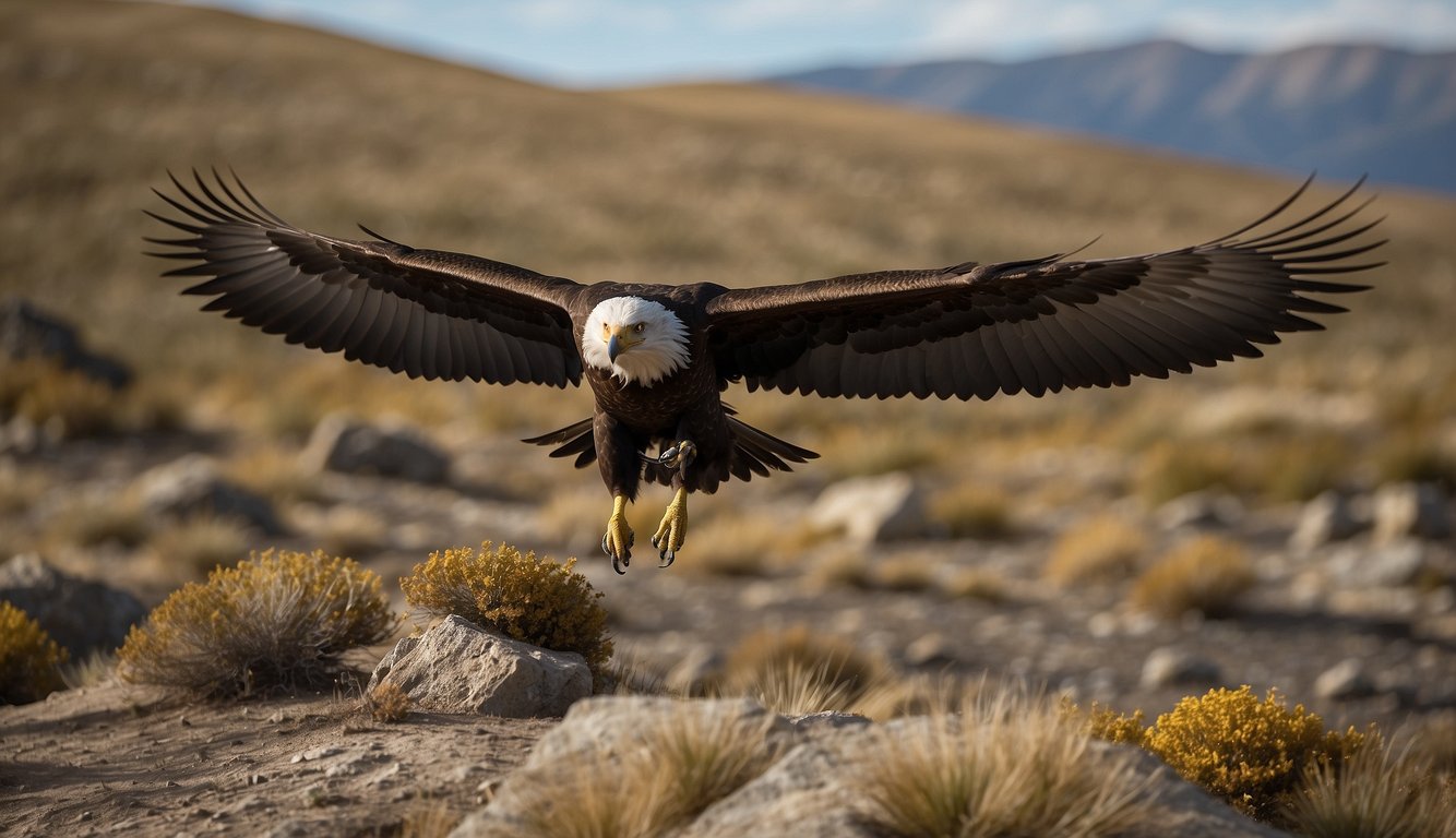 An Argentavis soars through a prehistoric landscape, its massive wings outstretched as it searches for prey.

Its long beak and sharp talons are ready to strike