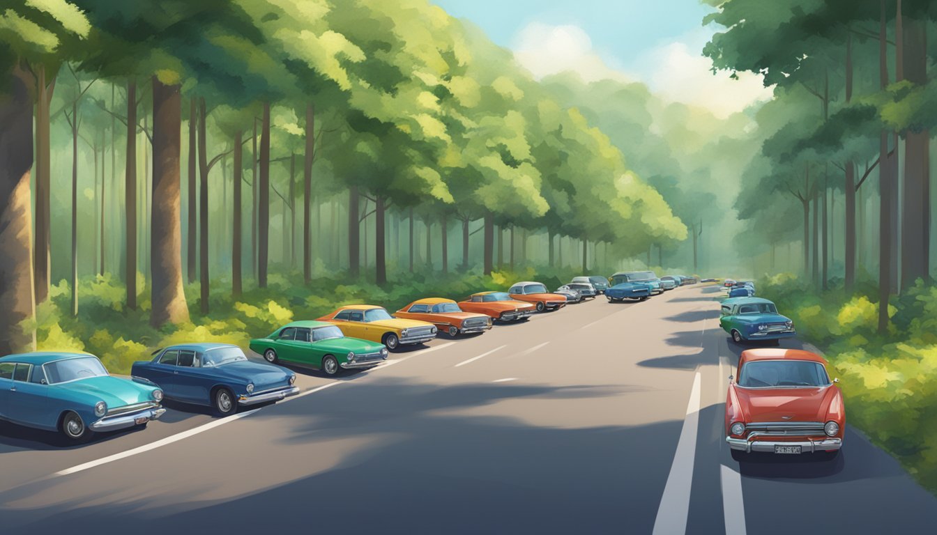 Cars parked near Woodlands Checkpoint, surrounded by lush greenery and tall trees