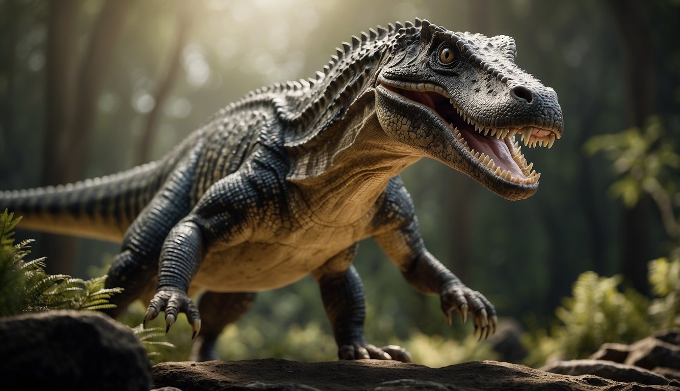 Postosuchus stands on its powerful hind legs, its jaws open wide to reveal rows of sharp teeth.

Its long tail extends behind it, balancing its massive body