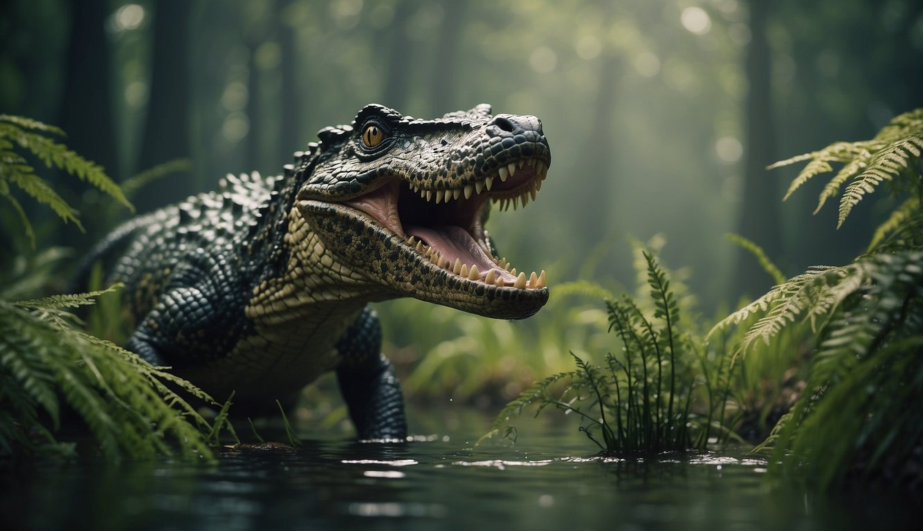 Postosuchus stalks through a prehistoric swamp, its crocodile-like body blending into the murky waters as it hunts for prey.

The dense vegetation and towering ferns create a primeval backdrop for this ancient predator