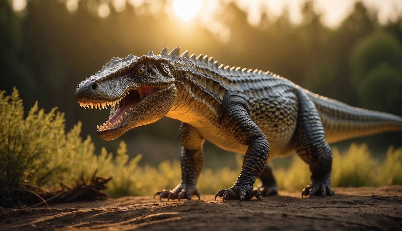 Postosuchus prowls the prehistoric landscape, its long, reptilian body poised for a strike.

The sun sets behind the towering trees, casting a golden glow over the ancient predator