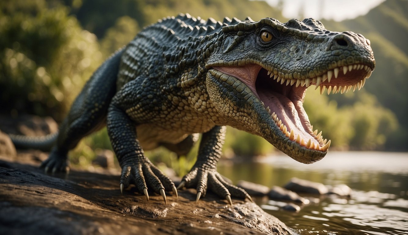 A Postosuchus stands on a riverbank, its crocodile-like body poised to strike.

Surrounding vegetation suggests a prehistoric landscape
