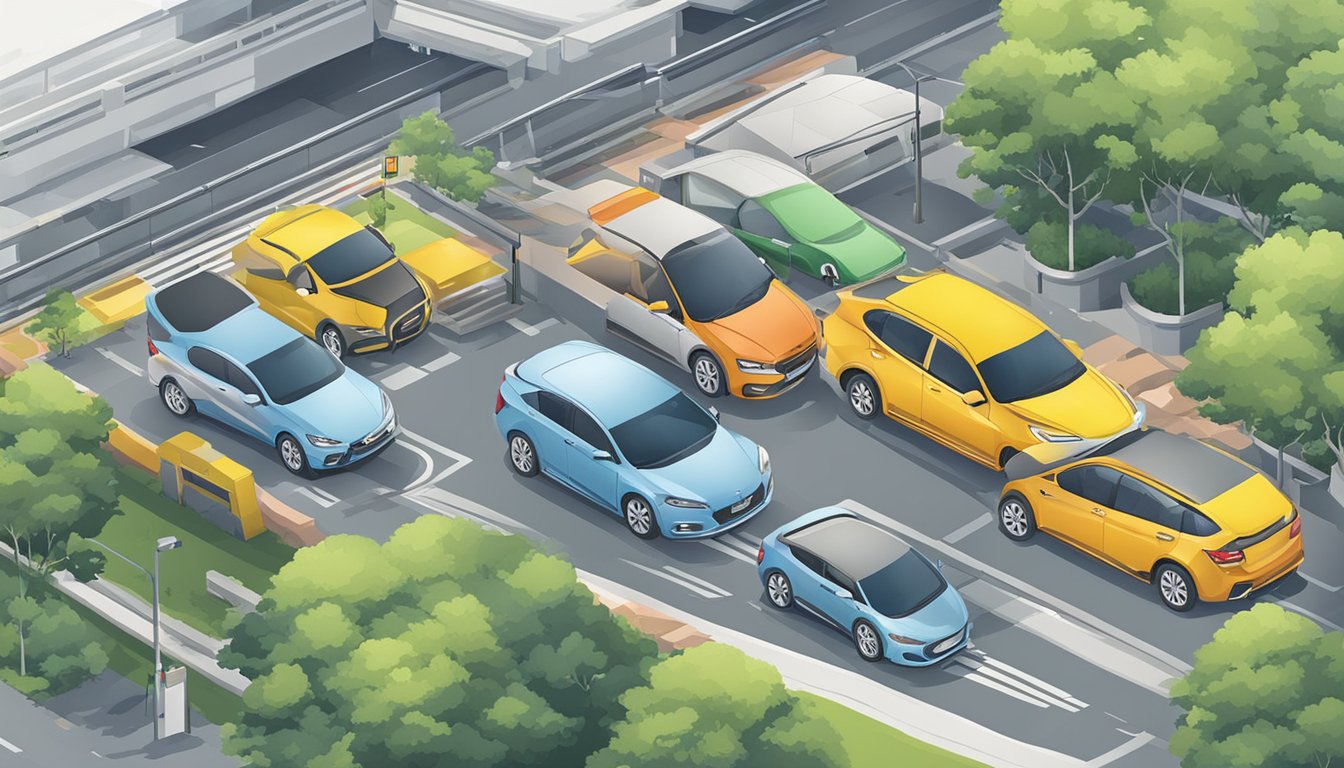 Cars parked neatly in designated spaces near Woodlands Checkpoint in Singapore. Clear signage and well-maintained surroundings