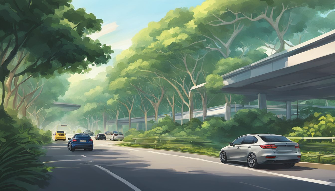 A car drives towards a parking lot near Woodlands Checkpoint in Singapore. The surrounding area is filled with lush greenery and trees