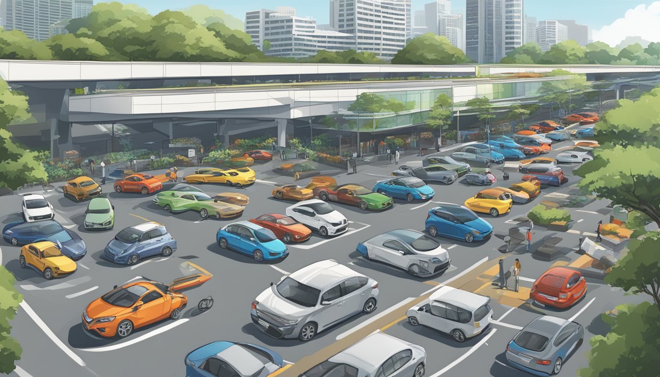 Cars parked in designated spots near Woodlands Checkpoint in Singapore. The area is bustling with activity as travelers come and go, with key attractions nearby