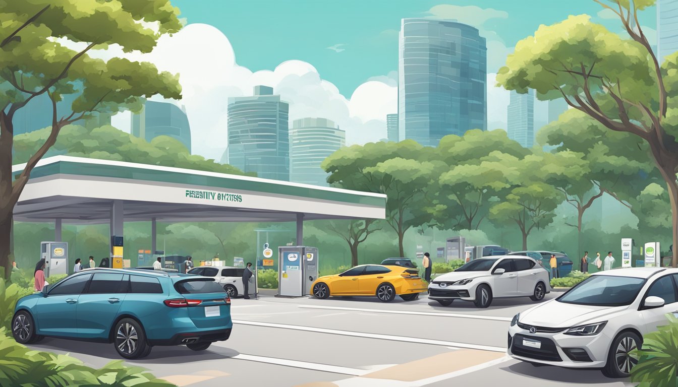 Cars parked in a lot near Woodlands Checkpoint, Singapore. Signage displaying "Frequently Asked Questions" visible. Surrounding area features trees and a border checkpoint building