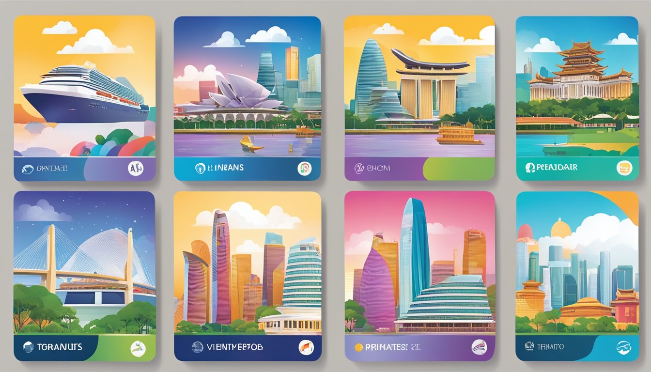 A colorful array of benefits cards, featuring vibrant designs and showcasing various perks, are displayed against a backdrop of iconic Singaporean landmarks