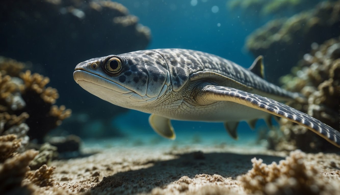Eusthenopteron swims gracefully through the shallow waters, its long fins propelling it forward.

Its body is covered in scales, and its wide eyes scan the environment for potential prey