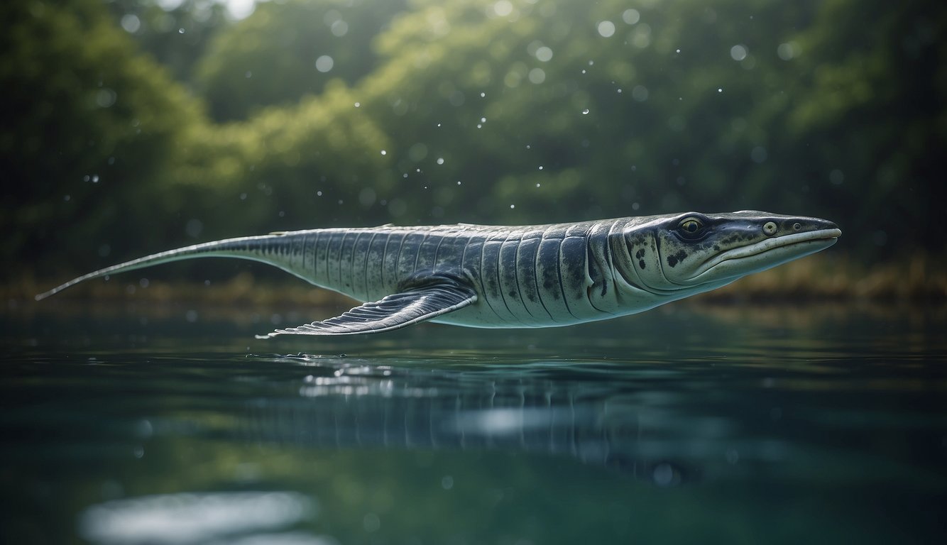 Eusthenopteron swims gracefully through the ancient waters, its strong fins propelling it forward.

Its body displays the first signs of adaptation to life on land, a crucial step in the evolution of vertebrates