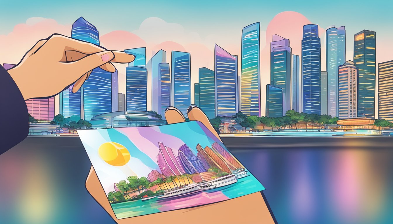 A hand holding a stack of colorful passion cards with a backdrop of the Singapore skyline and a customer service representative assisting a customer with a smile