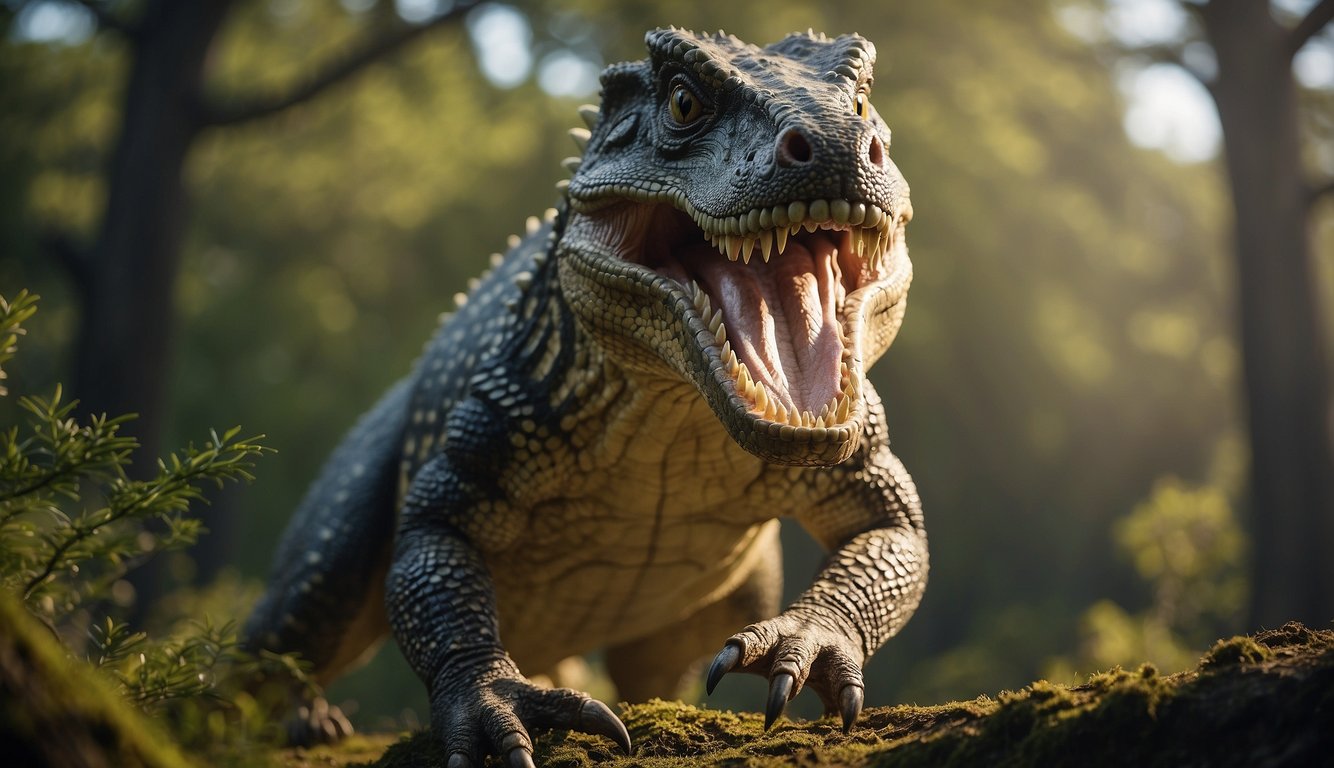 Estemmenosuchus stands tall, its bizarre horns curling above its head.

The creature's thick, scaly skin glistens in the sunlight as it prowls through the prehistoric landscape