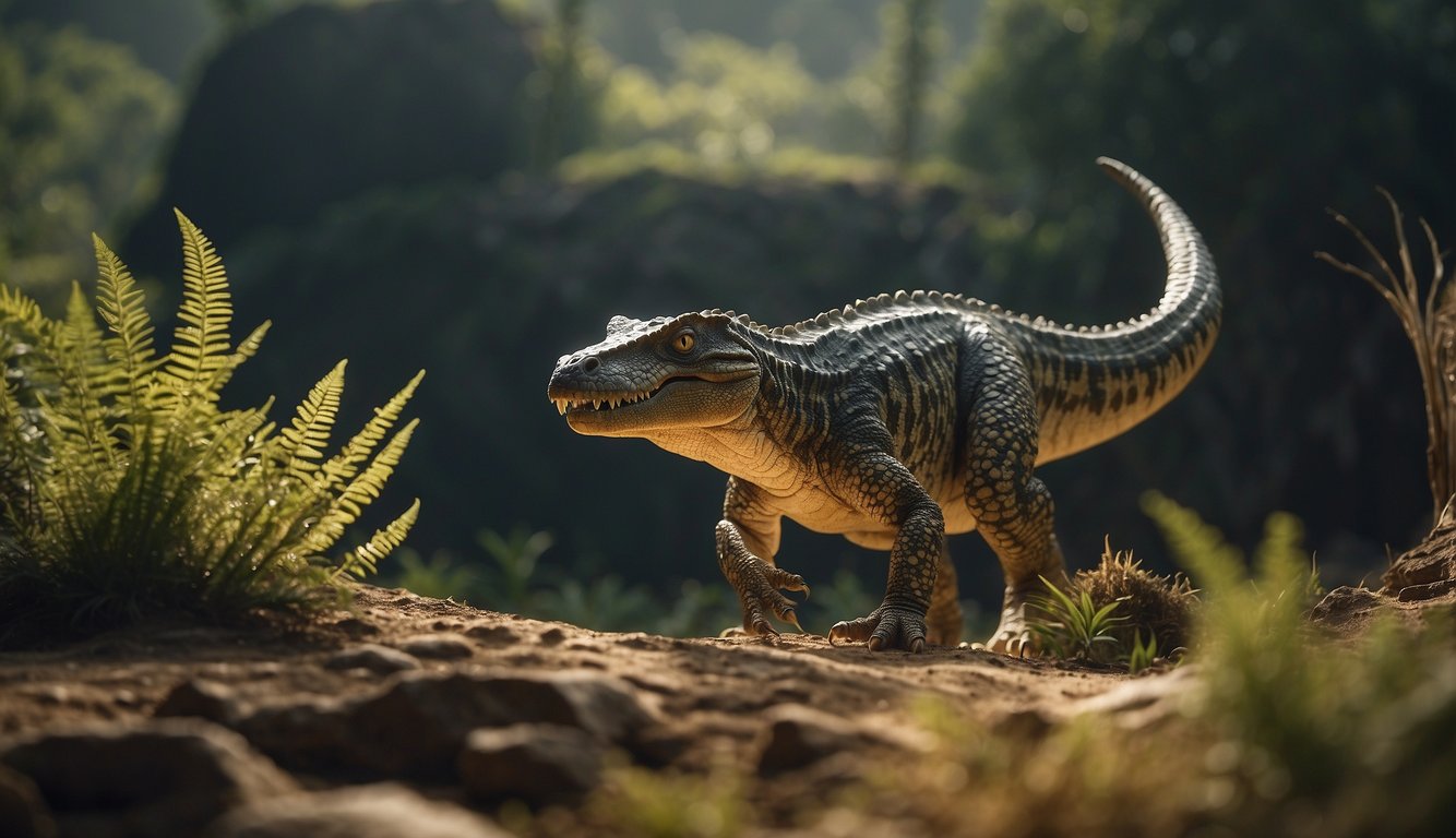 A Estemmenosuchus roams the ancient landscape, its bizarre horns catching the light as it grazes on prehistoric plants