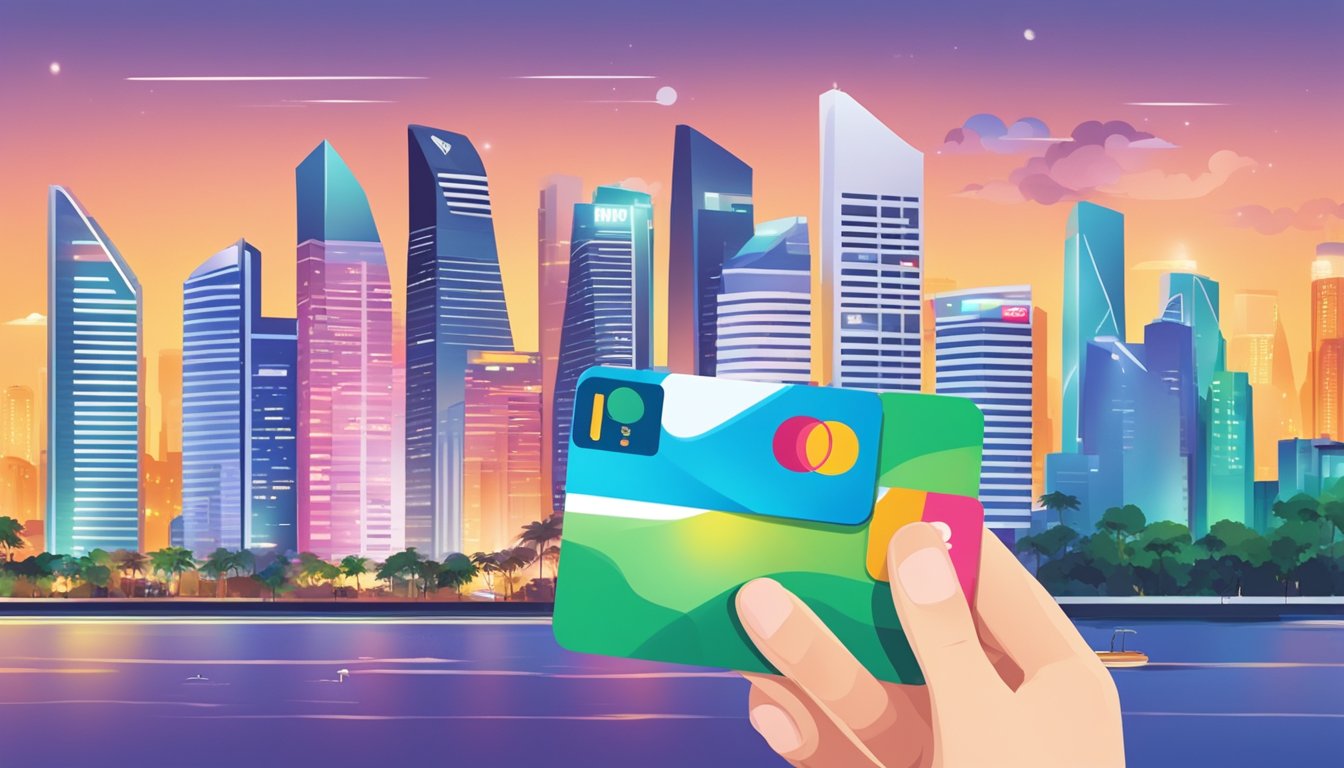 A hand holding a POSB Debit Card, surrounded by colorful Passion Card points and the Singapore skyline in the background