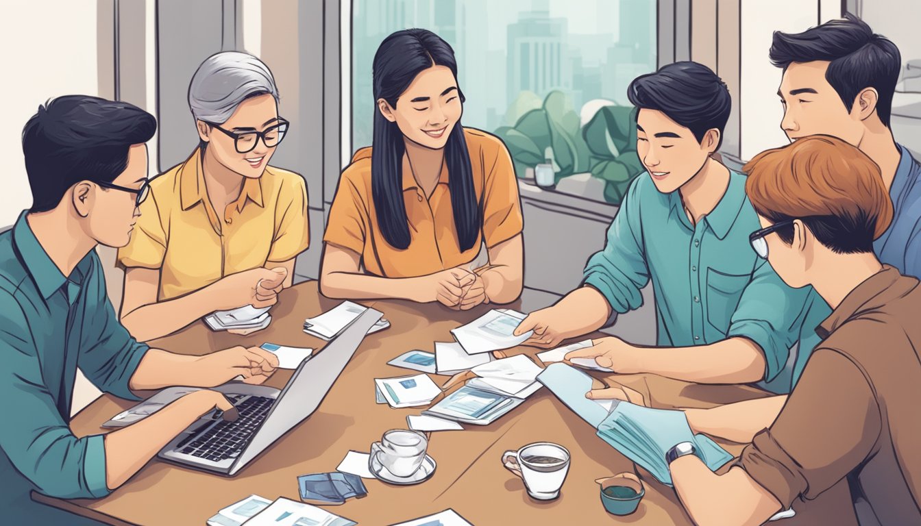 A group of people gather around a table, exchanging passion card points and discussing aftercare and support in Singapore
