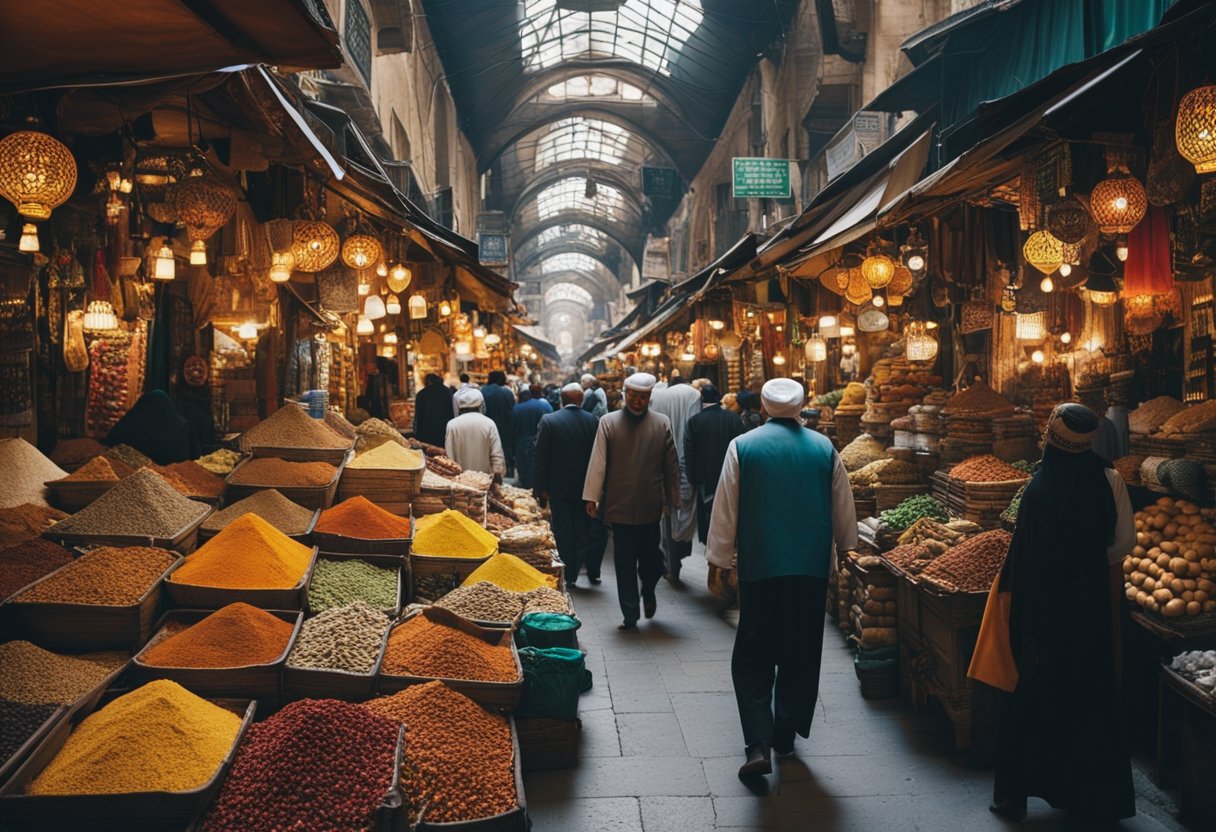 The bustling Grand Bazaar of the Middle East, with colorful stalls, intricate textiles, and exotic spices, teeming with traders and shoppers