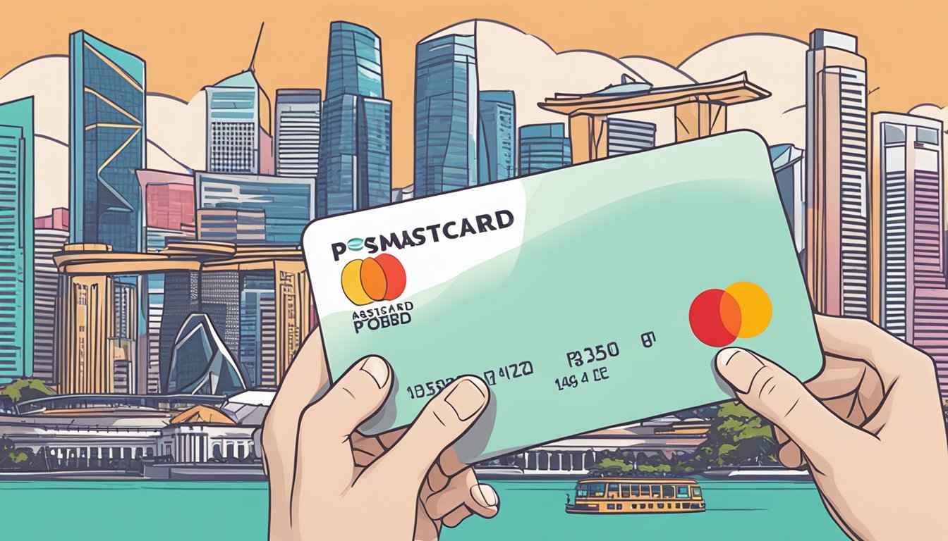 A hand holding a POSB Mastercard with the Passion Card logo against a backdrop of iconic Singapore landmarks