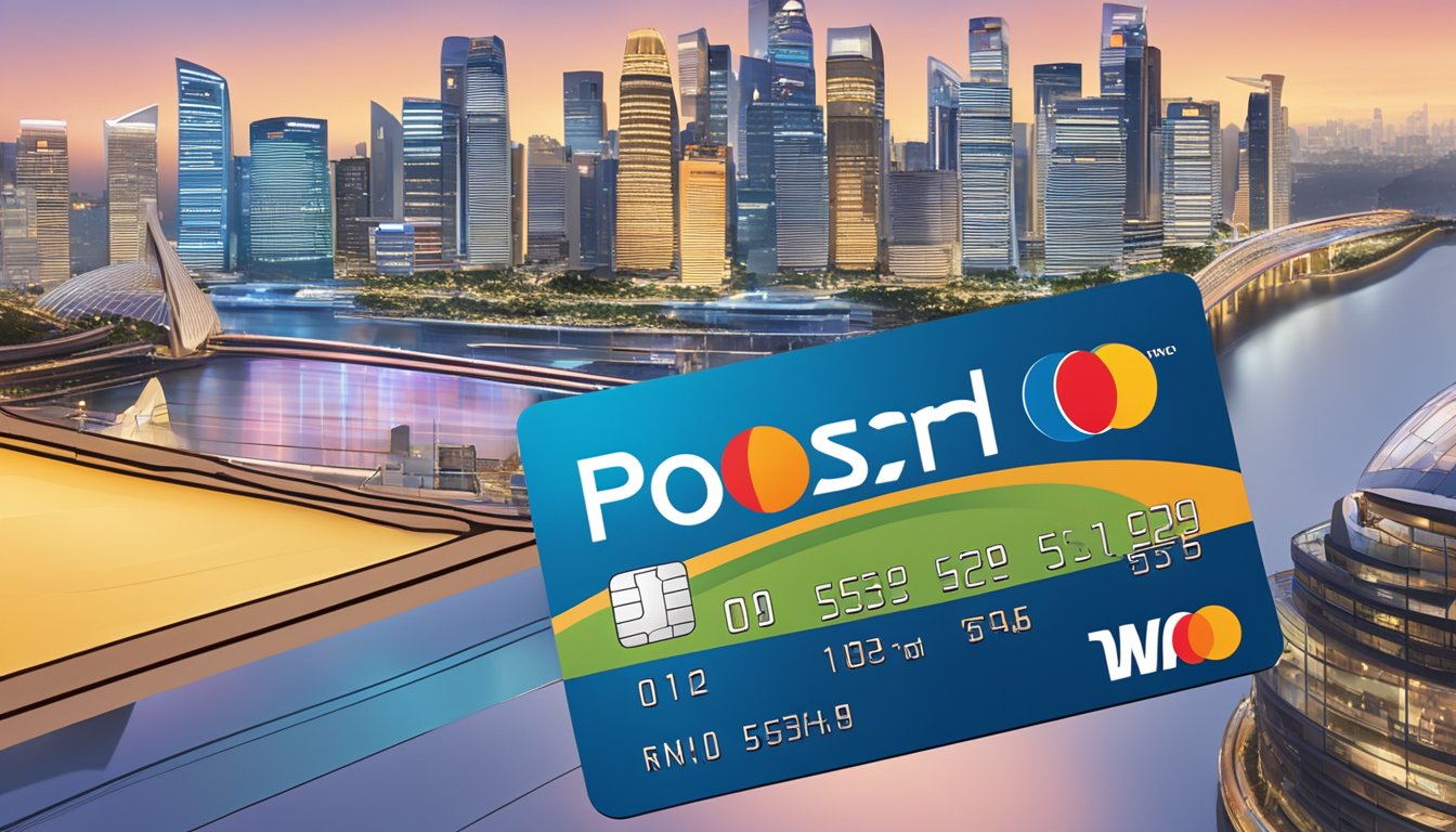 A close-up of a POSB MasterCard and Passion Card, with the Singapore skyline in the background