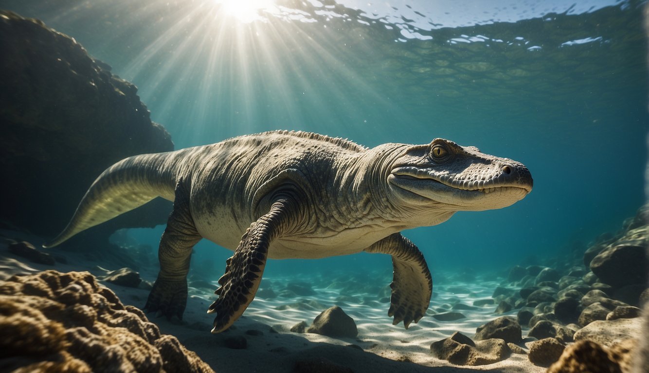 A Nothosaurus swims gracefully through the clear waters, its long body undulating as it propels itself forward with powerful flippers.

Sunlight filters through the waves, casting a shimmering glow on its sleek, reptilian form