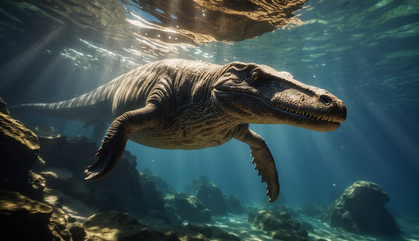 A Nothosaurus swims gracefully through the ancient Triassic seas, its sleek body cutting through the water with ease.

The sun glints off its scales, casting a shimmering reflection in the depths below