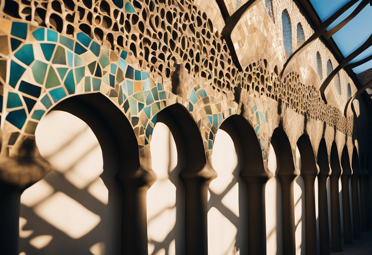Gaudí’s Barcelona: Exploring the Impact of Catalan Modernism on the Cityscape - Sunlight filters through intricate arches, casting playful shadows on mosaic-covered walls. Gaudi's unique blend of organic and geometric shapes creates a mesmerizing landscape