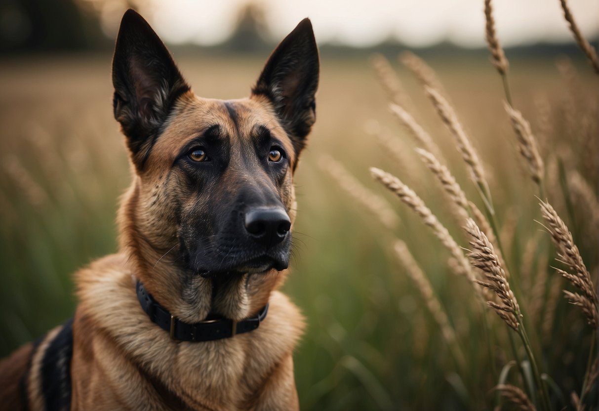A Belgian Malinois shepherd in a field, alert and focused, with a strong and muscular build
