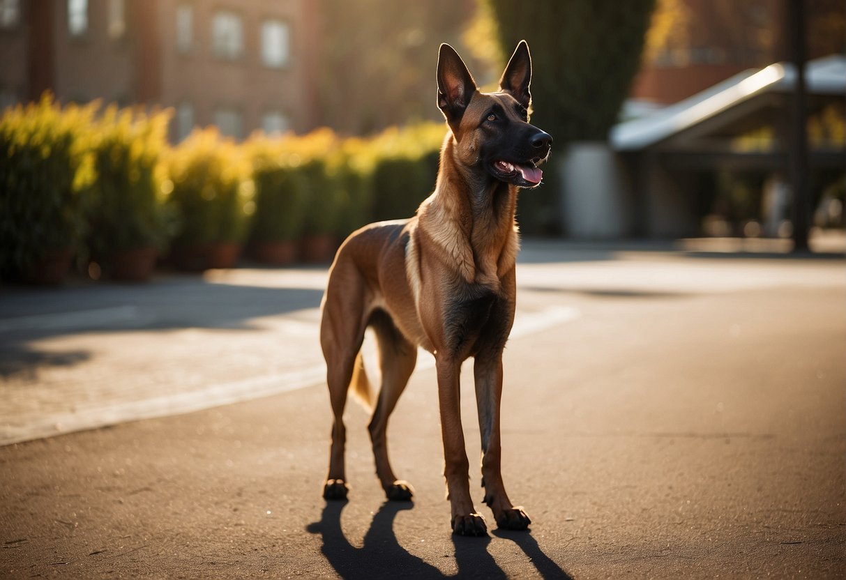 A Belgian Malinois stands alert, its sleek, tan coat glistening in the sunlight. Its ears are erect and its intelligent eyes are focused ahead
