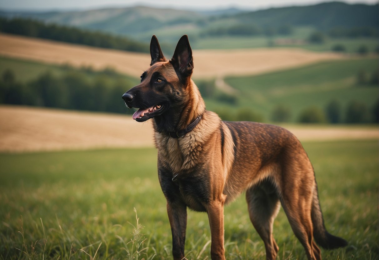A Belgian Malinois shepherd dog stands proudly in a peaceful countryside setting, surrounded by green fields and rolling hills