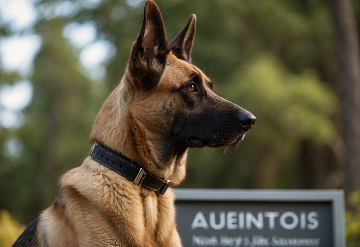 A Belgian Malinois stands in front of a sign that reads "Frequently Asked Questions" in French. The dog looks alert and attentive, with its ears perked up and a focused expression on its face